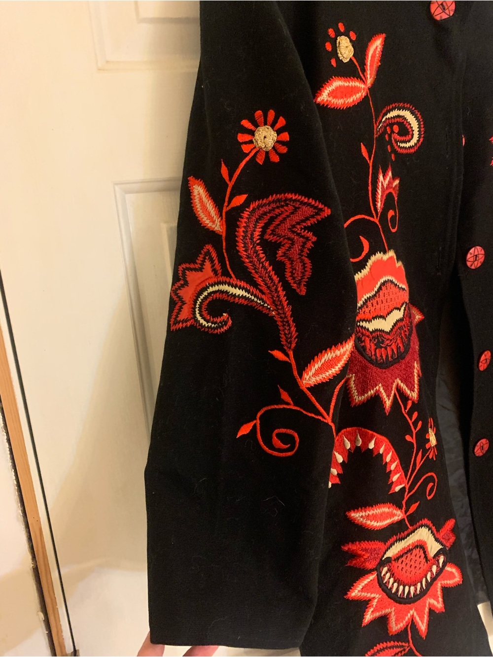 Indigo Black Trench Coat with Red & Orange Floral Embroidery - Picture 4 of 6